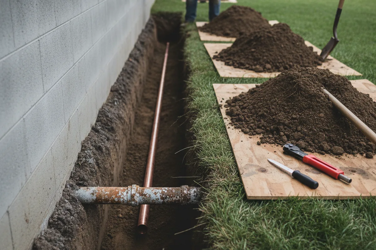 Excavated water line trench during Water Softener Installation in Myers Flat